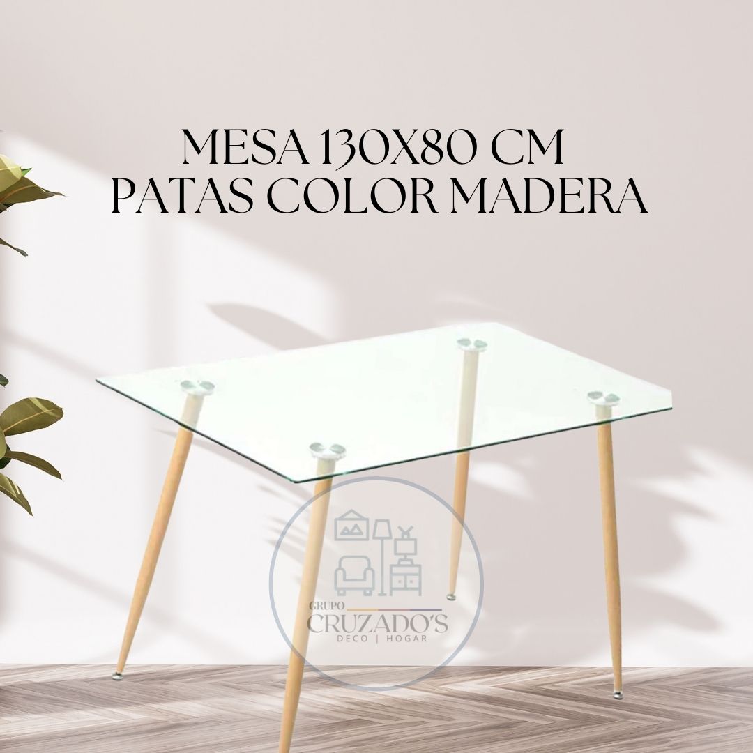 Mesa Rectangular vidrio 130x80 PATAS COLOR MADERA