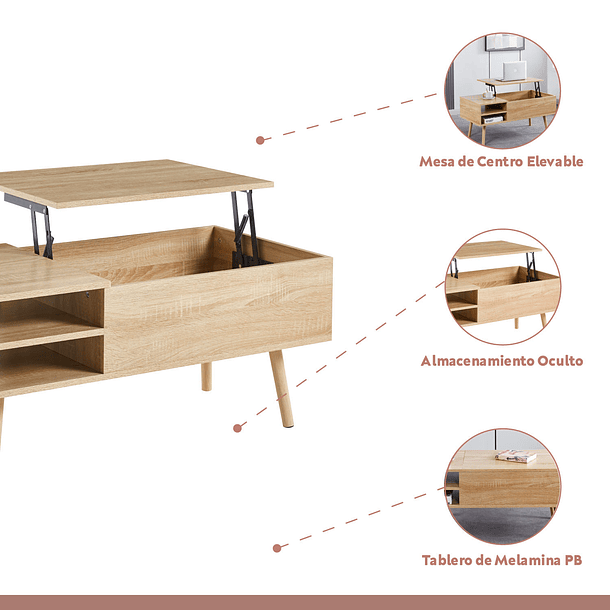 Mesa de Centro elevable con bandeja y almacenamiento - Madera