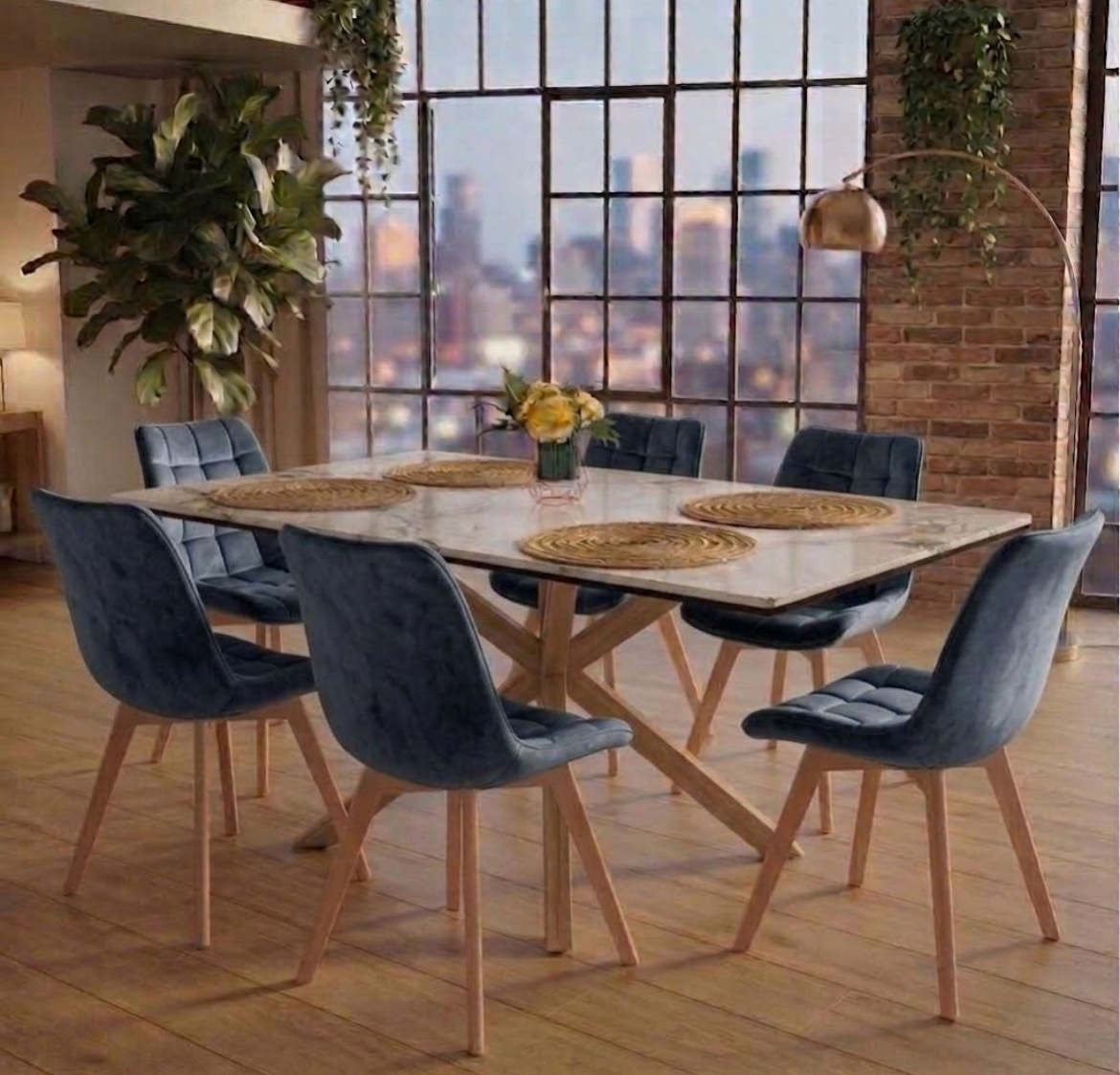 Mesa mármol 140x80cm + sillas capitone felpa