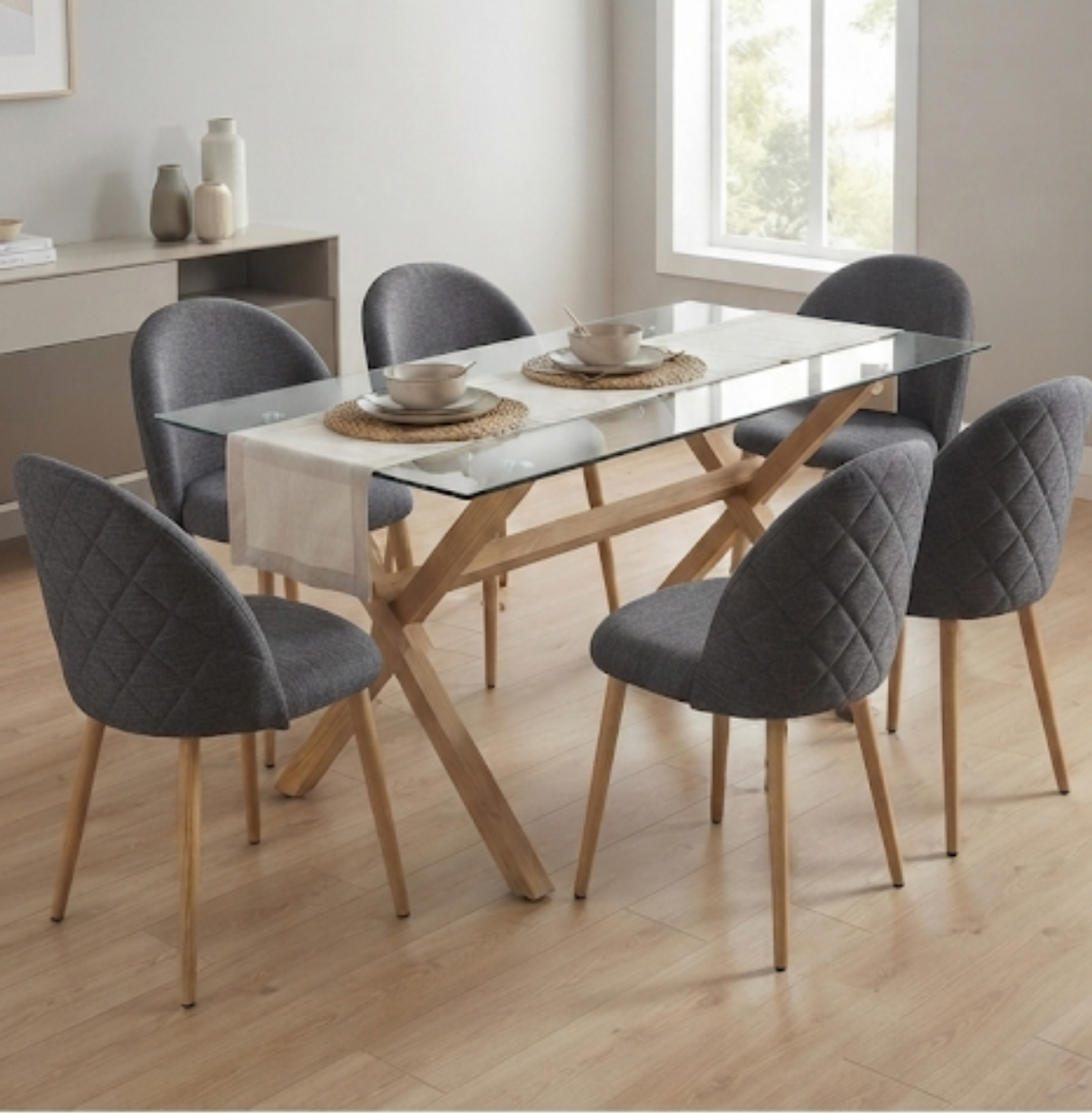 JUEGO COMEDOR 140X90 + sillas Lino gris Oscuro