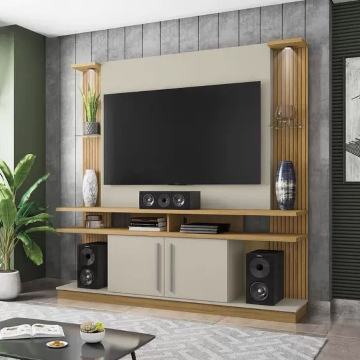 Rack Tv 55" York Canela Blanco Invierno con Led Tactil