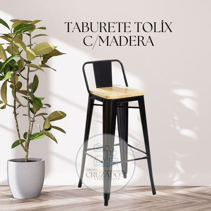 PACK 4 TABURETE TOLIX 64CM CON ASIENTO DE MADERA