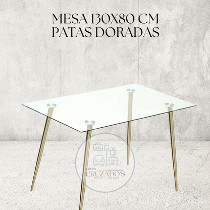 JUEGO COMEDOR 130x80 MESA BASE DORADA + SILLAS RADAR