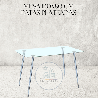JUEGO COMEDOR 130x80 MESA BASE PLATEADA + SILLAS RADAR