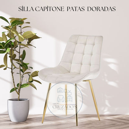 Mesa Dorada 140x90cm + Silla Capitoné  Patas Dorada