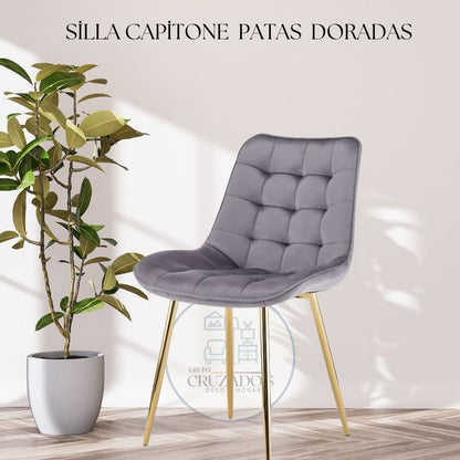 Mesa Dorada 140x90cm + Silla Capitoné  Patas Dorada