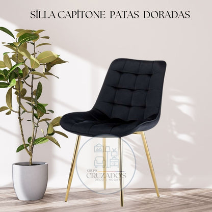 Mesa Dorada 140x90cm + Silla Capitoné  Patas Dorada