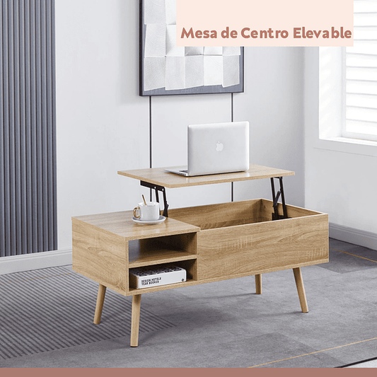 Mesa de Centro elevable con bandeja y almacenamiento - Madera