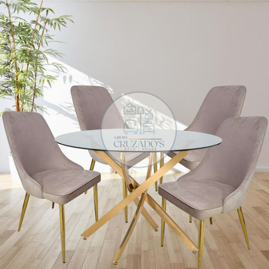 COMEDOR MESA CIRCULAR DORADO  120 cm+ 4 SILLAS ELEGANTE FELPA