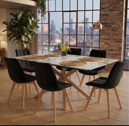Mesa mármol 140x80cm + sillas capitone felpa