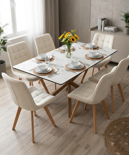 Mesa mármol 140x80cm + sillas capitone felpa