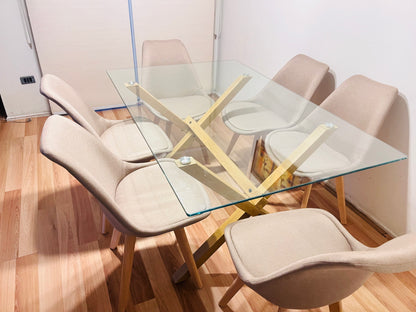 JUEGO COMEDOR 140X90 + SILLAS TULIP LINO