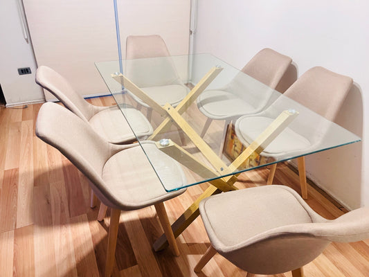 JUEGO COMEDOR 140X90 + SILLAS TULIP LINO