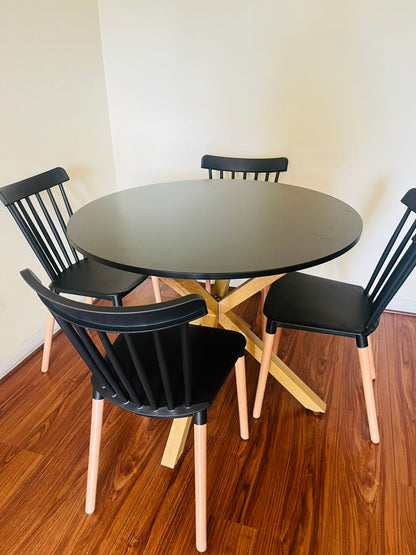 Mesa circular Negra 100 cm  + 4 sillas windsor