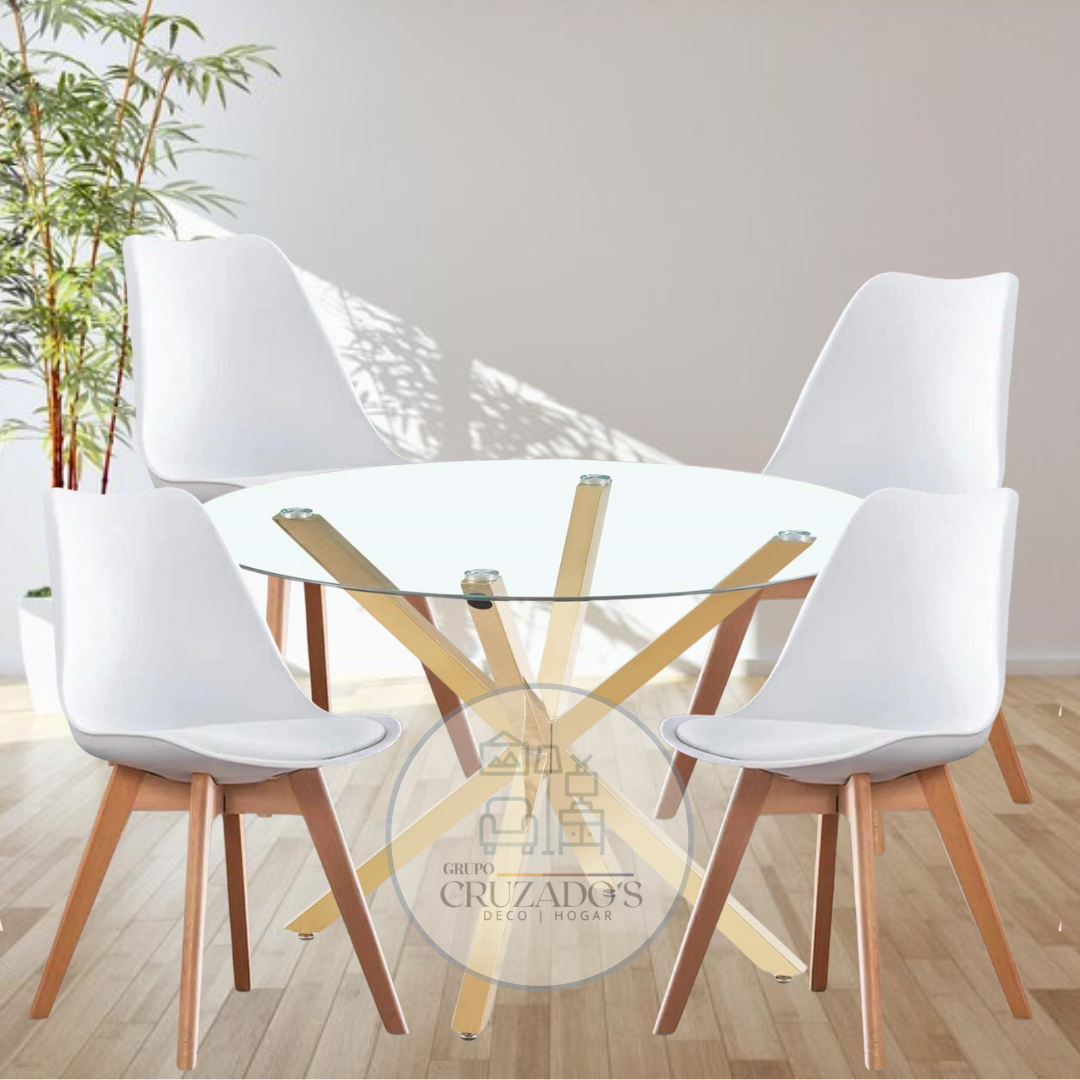 Mesa circular 100 cm  PATAS DORADAS + sillas tulip